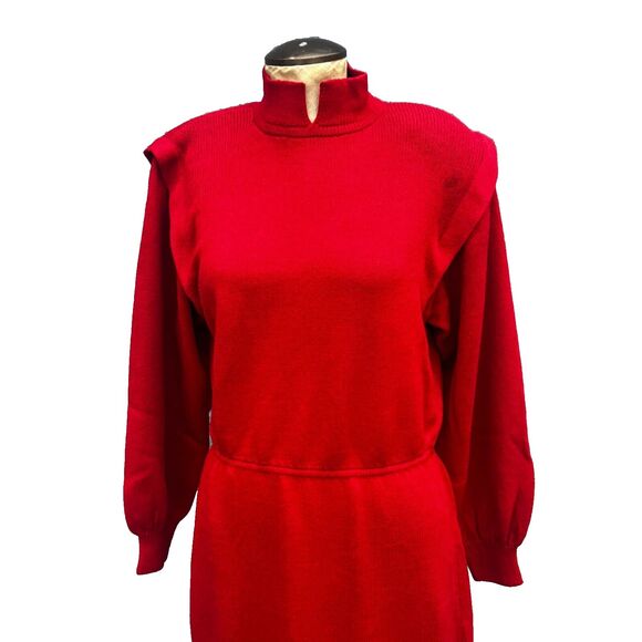 Vintage St. John Marie Red Knit Midi Dress Women's 10 80s Big Shoulders - Picture 6 of 10